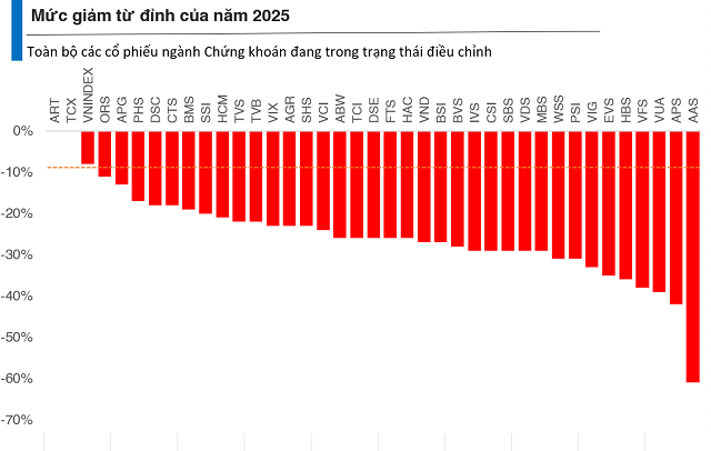Khi điều chỉnh xuất hiện tại 100% cổ phiếu ngành chứng khoán