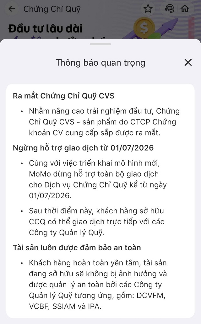 Ví MoMo dừng giao dịch chứng chỉ quỹ từ ngày 01/07