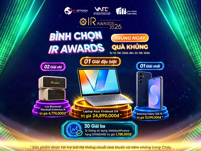 Chỉ còn 2 ngày cuối cùng để bình chọn IR Awards 2026: Nhà đầu tư có thể trúng Laptop Asus, điện thoại Samsung, loa Bluetooth Marshall